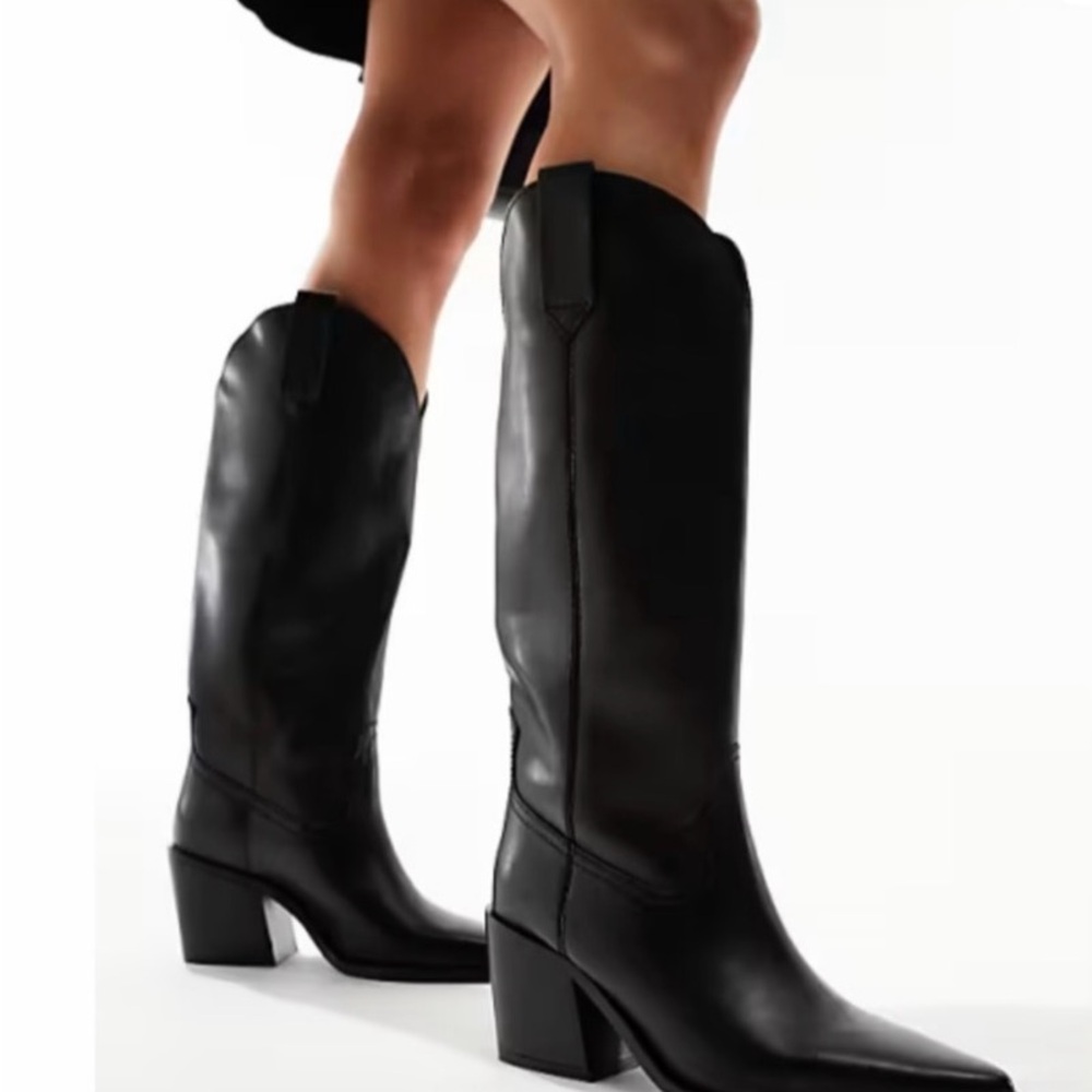 Mango Black Leather Cowboy Boots
